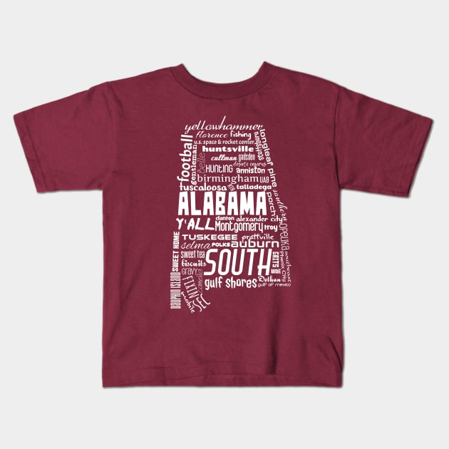 Alabama State Pride Word Cloud - White Kids T-Shirt by YellowhammerSweetTees